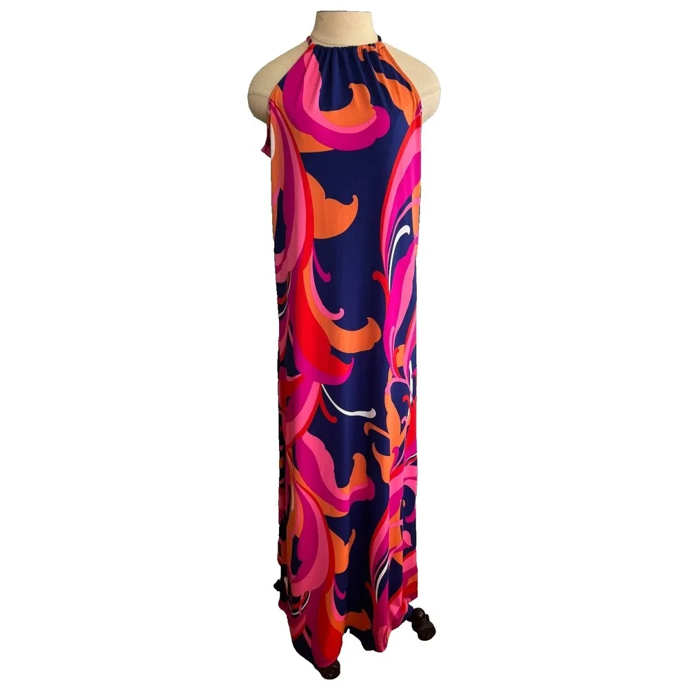 TRINA TURK Milan Scroll Halter Neck Tie Stretch Maxi Dress S/M* Swimsuit Coverup